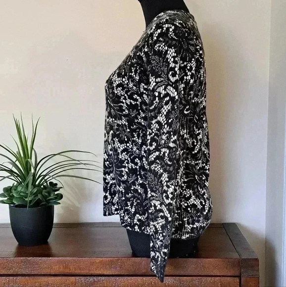 George Sweater Black and White Print Cardigan Medium Crewneck Button Front - Picture 2 of 11